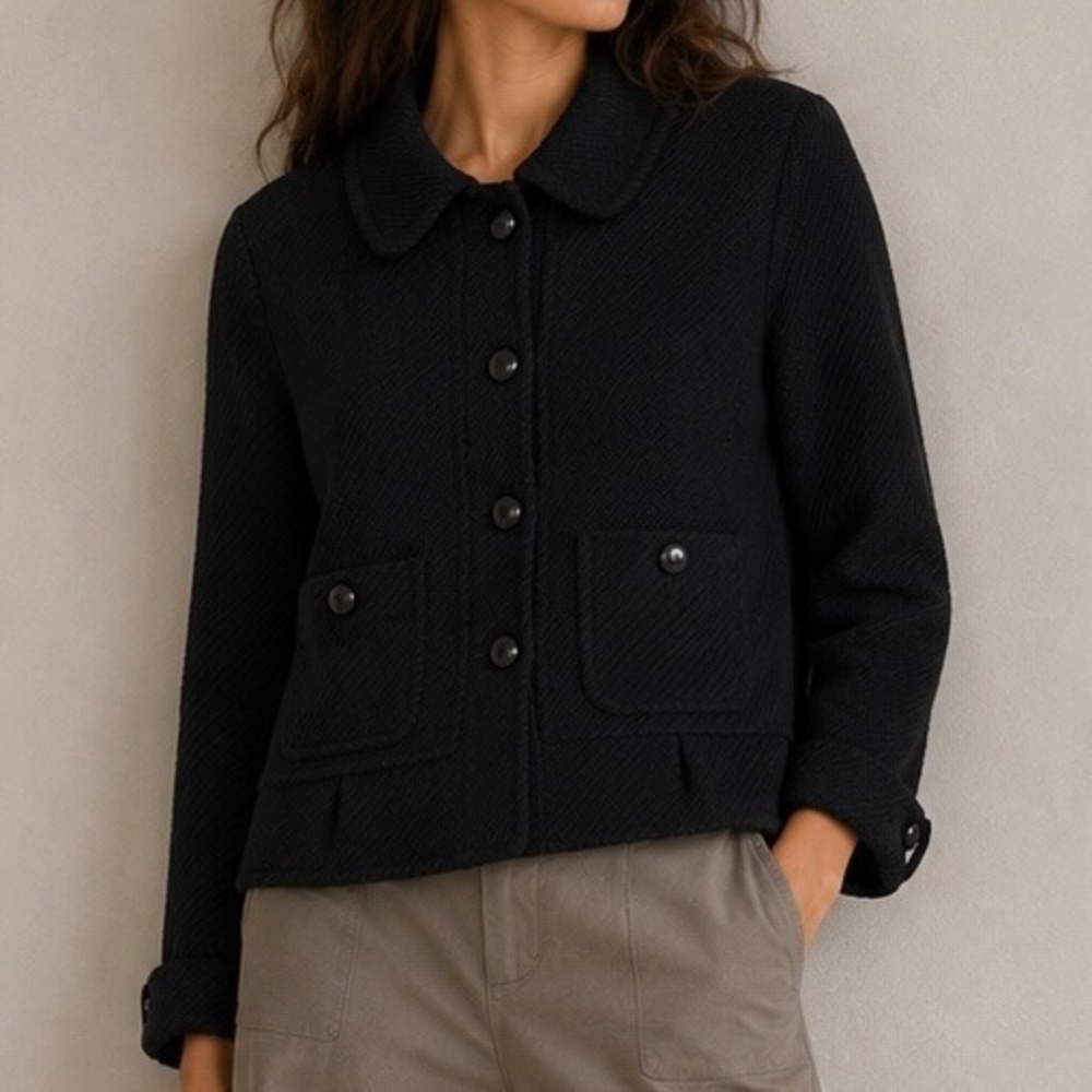 Talbots Woman Black Textured Button Front Jacket Peter Pan Collar Plus Size 18W